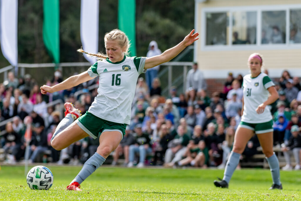 Abby Townsend of the Ohio Univesity Bobcats takes a shot on goal in their game against Miami University on Sunday, Oct. 17, 2021. The Bobcats went to win the game 1-0. [Alex Eicher]