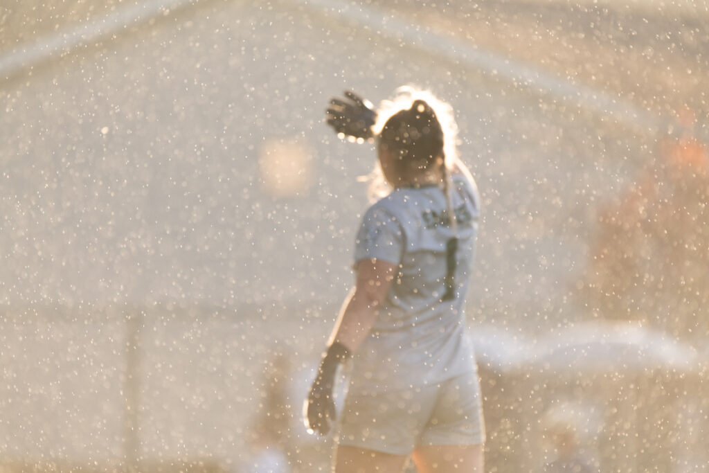 Eastern Michigan keeper Rebecca Przybylo sheilds her eyes from the sun during their game against the Ohio Bobcats on Thursday, Oct. 21, 2021 at Chessa Feild. The Bobcats went to win the game 2-1.