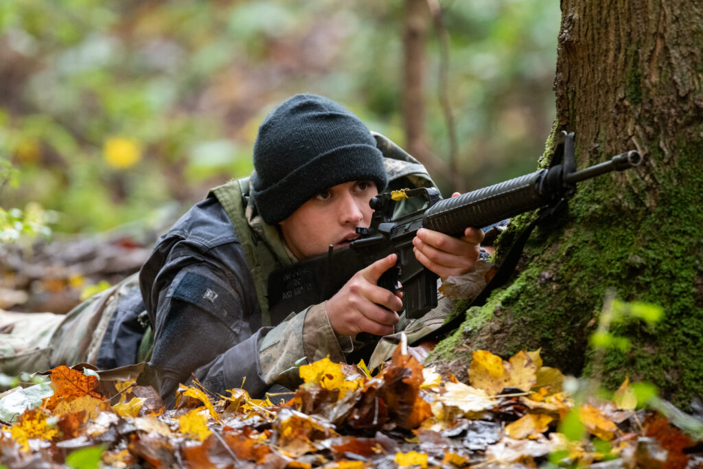 Cadet Hughes watches an angle during STX lanes at Camp Sherman in Chillicothe, Ohio during FTX on Saturday, Oct. 30, 2021.