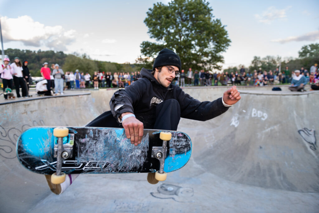 Emmit Covington performs an Indy Grab during the 2021 Athens Skate Jam at Athens Skate Park on Saturday, Oct. 16, 2021.