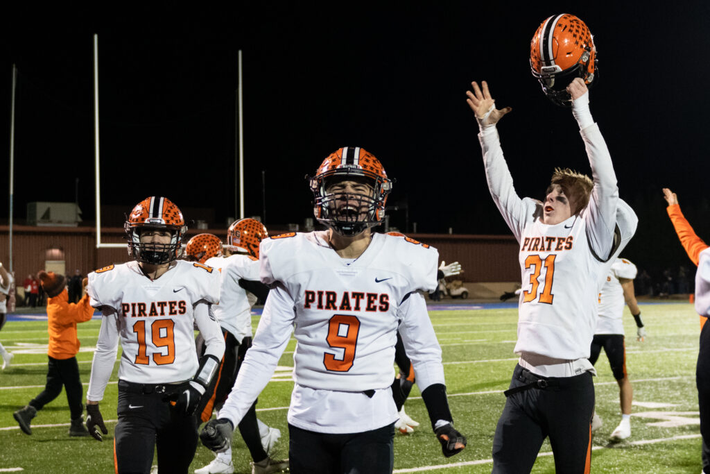 Brock Brumfield yells after the Pirates force the Tigers into a turnover with less that two minutes left in the game putting a lock on the Pirates victory during their game against the Ironton Tigers in Portsmouth, Ohio on Saturday, Nov. 13, 2021. [Alex Eicher | WOUB]