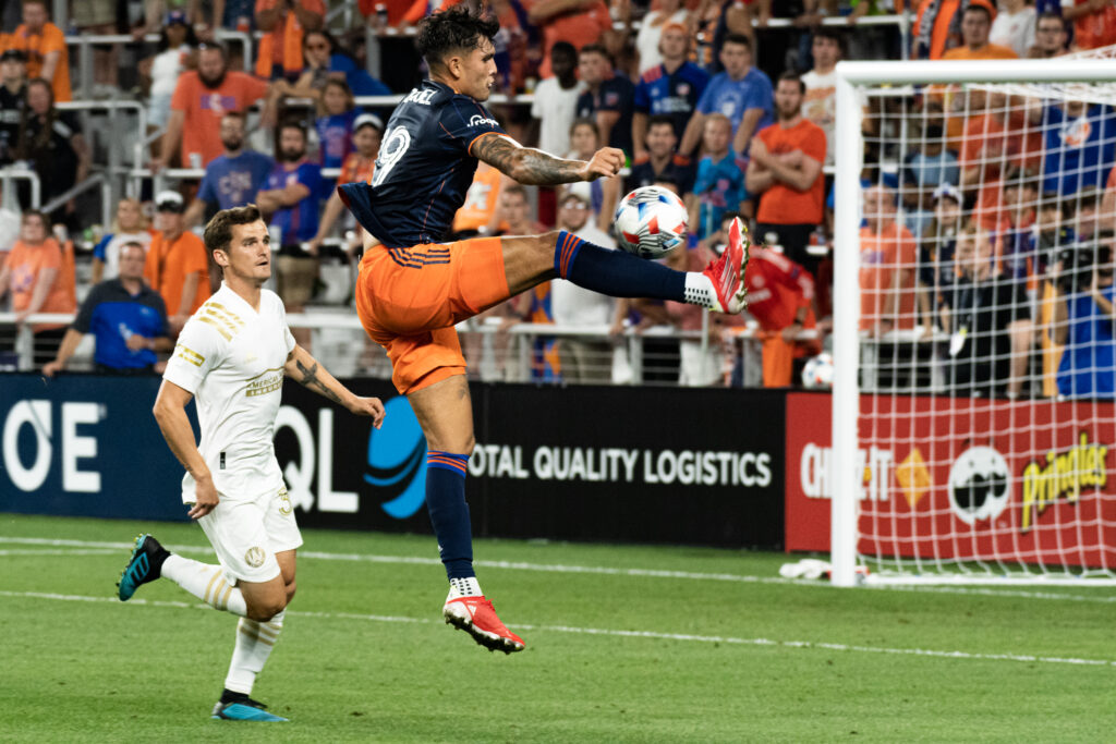 Brandon Vazquez of FC Cincinnati controlls the ball in their game against Atlanta United FC at TQL Staduim in Cincinnati on Wednesday, July 21, 2021. [Alex Eicher | Loveland Magazine]